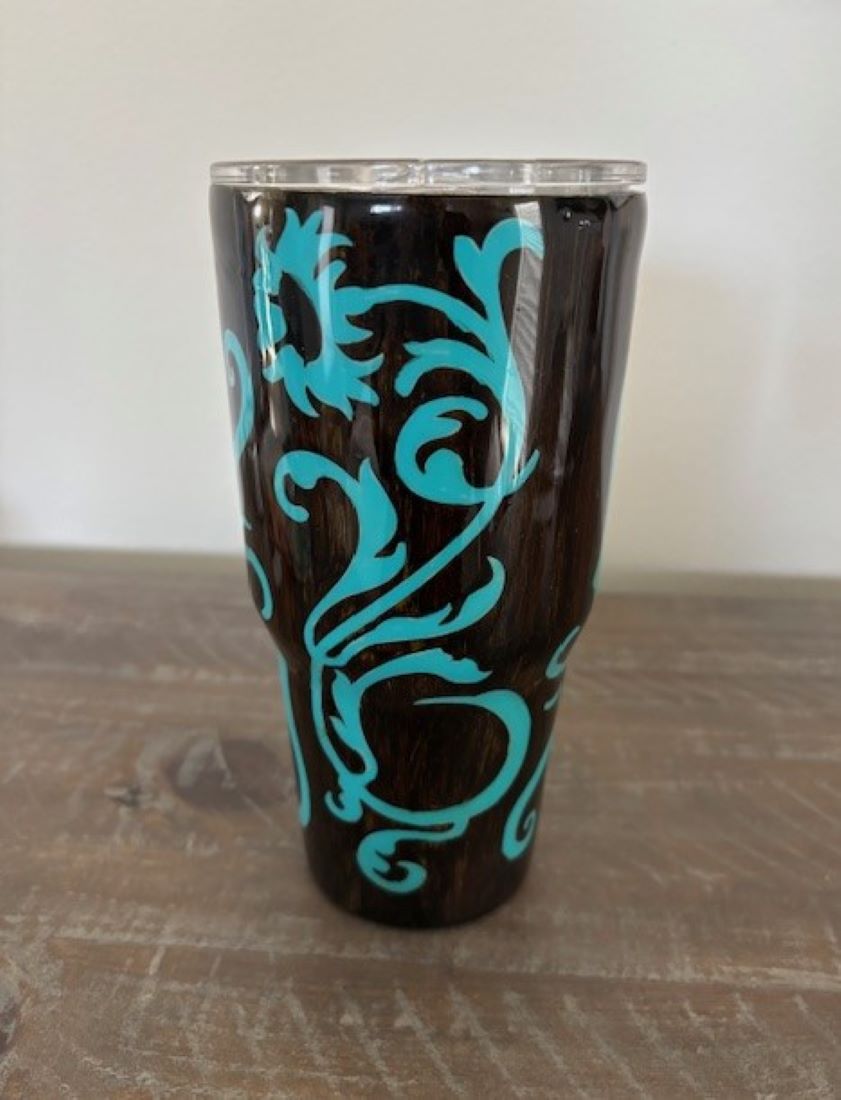 Hand Painted Travel Tumbler, Looks like Burned Wood or Leather, 30 oz.