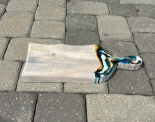 Cutting Board, Light Wood With Wavy Edge, Black, Gold, Turquoise & White Resin