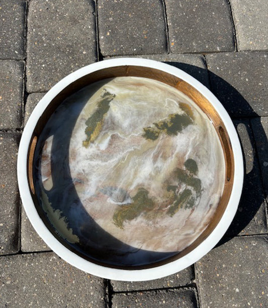 Elegant Round Wood Tray, Soft White and Gold With Floating Gold Resin