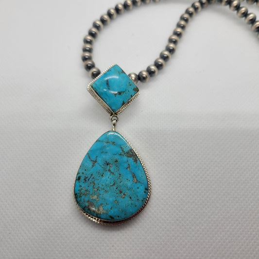 Two Stone Kingman Turquoise Necklace, Sterling Silver, Navajo