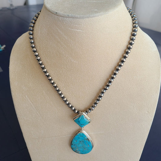 Two Stone Kingman Turquoise Necklace, Sterling Silver, Navajo