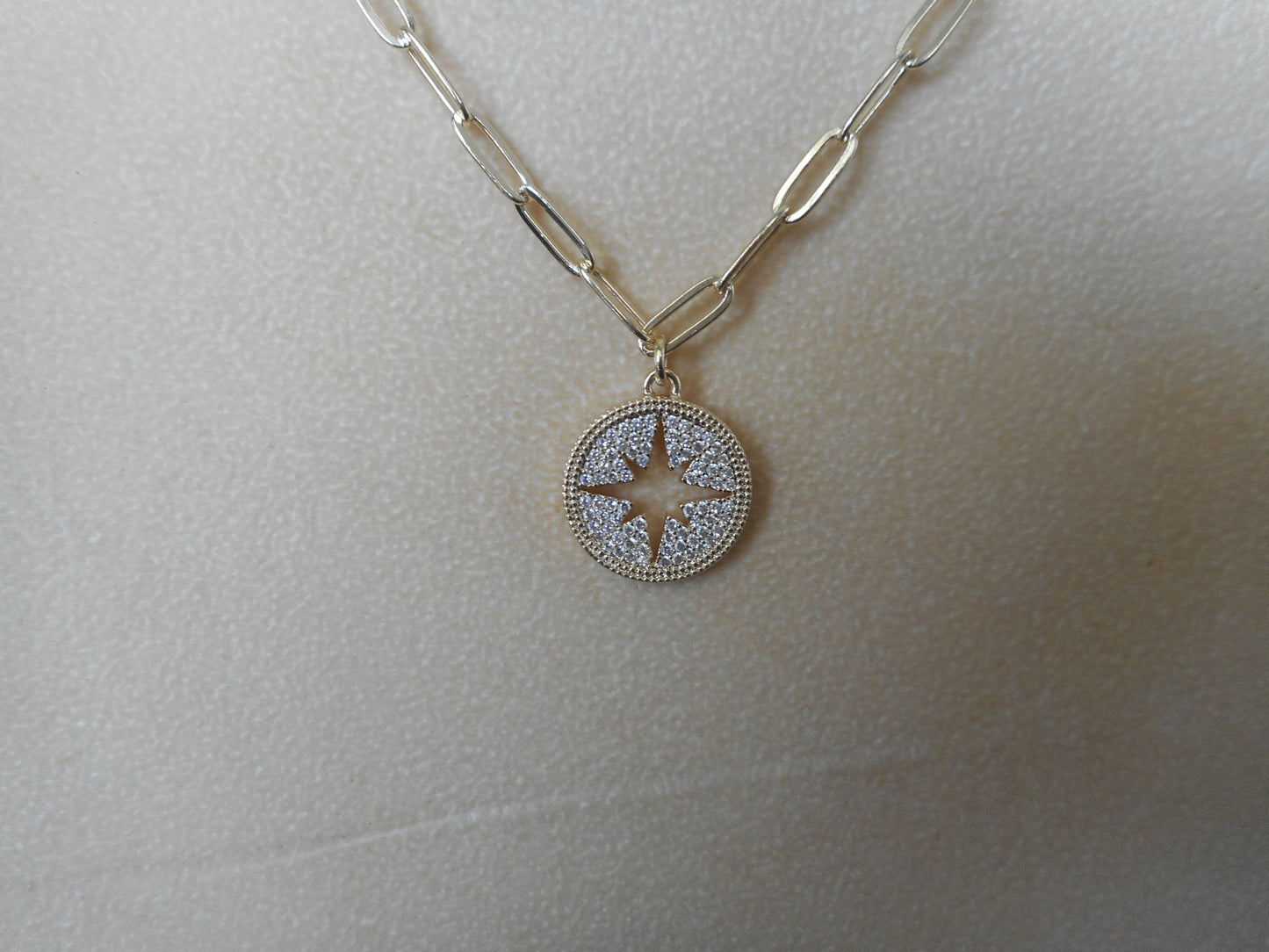 Gold Tone Compass Rose Link Necklace, Pave' CZ