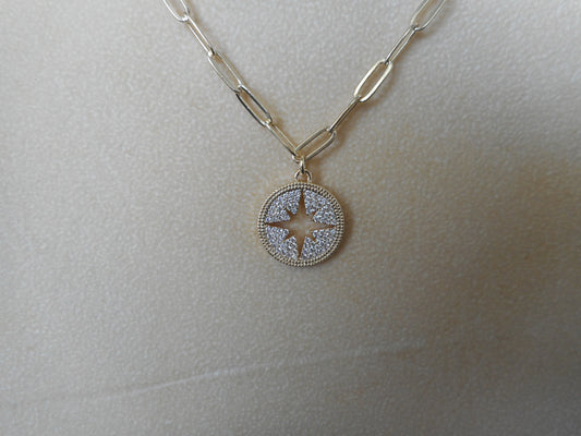 Gold Tone Compass Rose Link Necklace, Pave' CZ