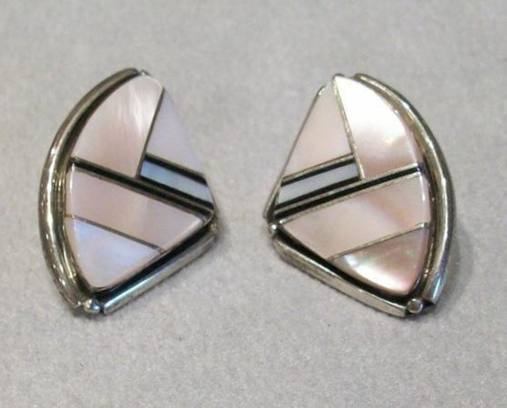 Inlay Pink Mussel Shell and Mother of Pearl Earrings set in Sterling Silver.  Stud Style.