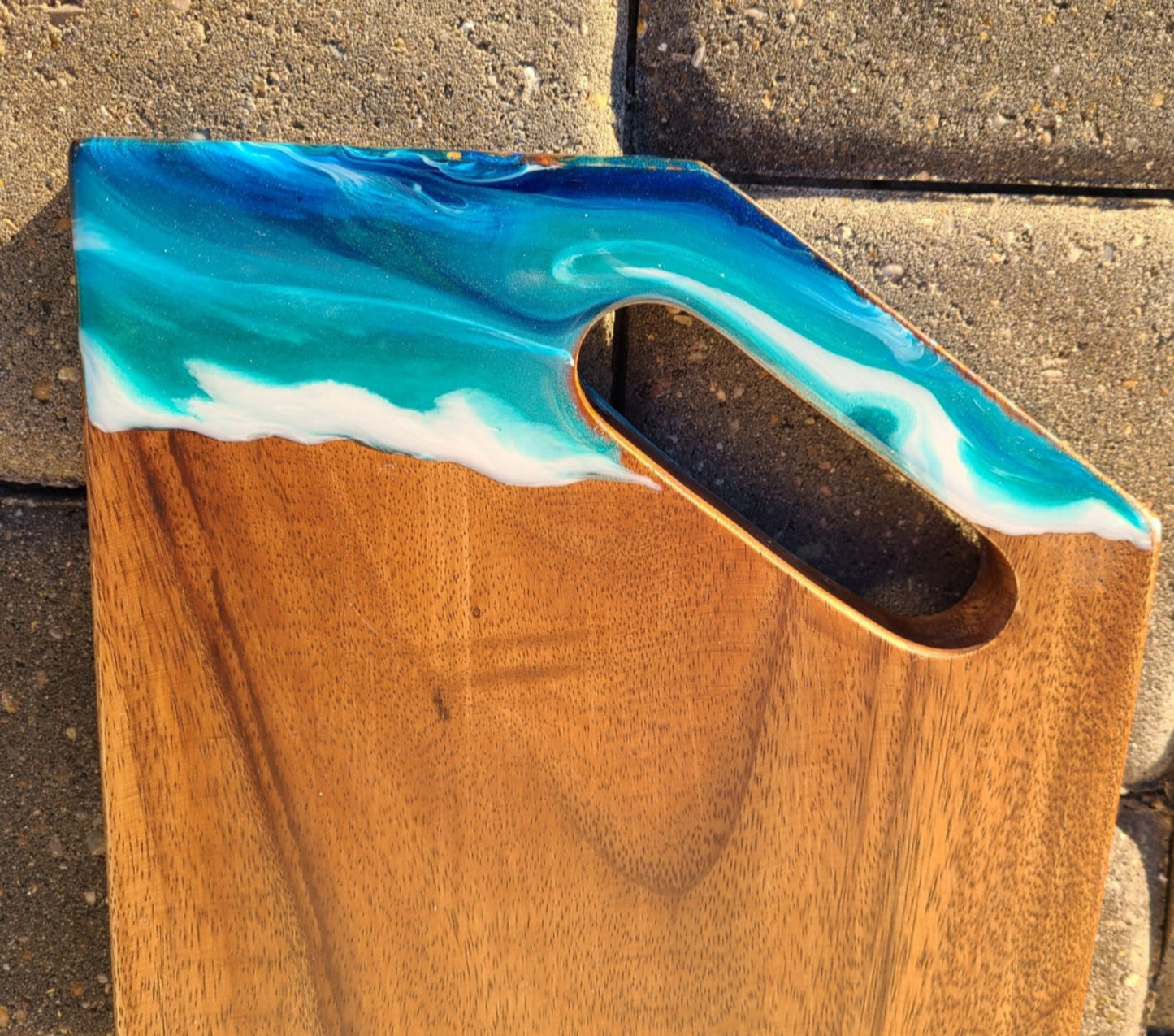 Angled Corner Cutting Board, Resin Ocean Waves