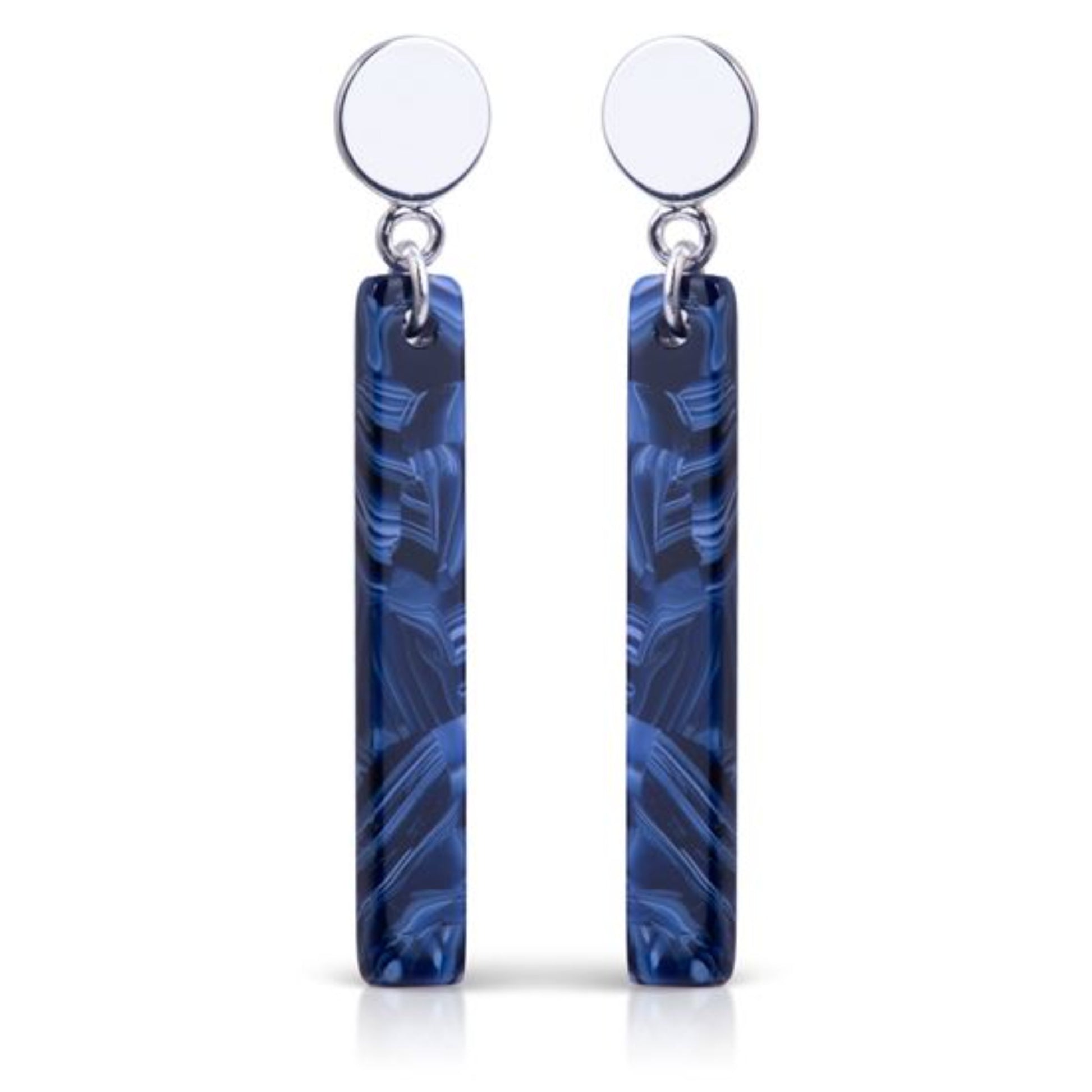 New! Lightweight earrings are made of Acetate and Sterling Silver Plating and Surgical Steel posts. No polishing required. Round stud. Beautiful shades of navy and blues in a Bar Drop design. Handmade so no two are like. Comes with disc back and rubber back. The first photo is a stock picture, the others are of the actual earring for sale. Approximate length: From stud about 1.50 inches