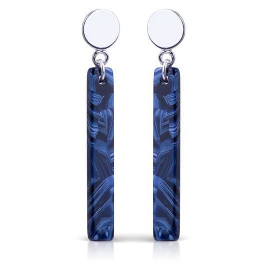 New! Lightweight earrings are made of Acetate and Sterling Silver Plating and Surgical Steel posts. No polishing required. Round stud. Beautiful shades of navy and blues in a Bar Drop design. Handmade so no two are like. Comes with disc back and rubber back. The first photo is a stock picture, the others are of the actual earring for sale. Approximate length: From stud about 1.50 inches