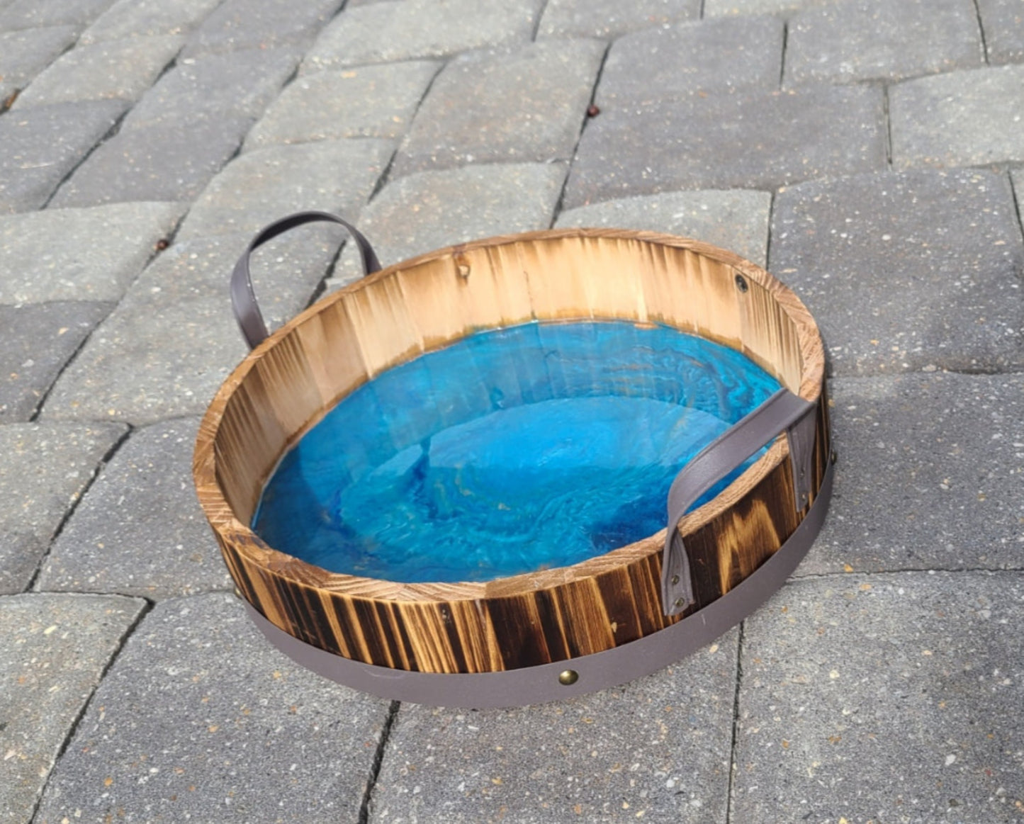 Man Cave Serving Tray, Rustic Barrel Look, Blue Water Resin