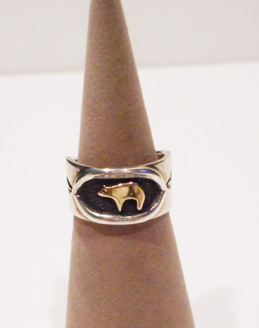 Navajo Storybook Ring, Sterling and 14kt Gold, Bear Symbol