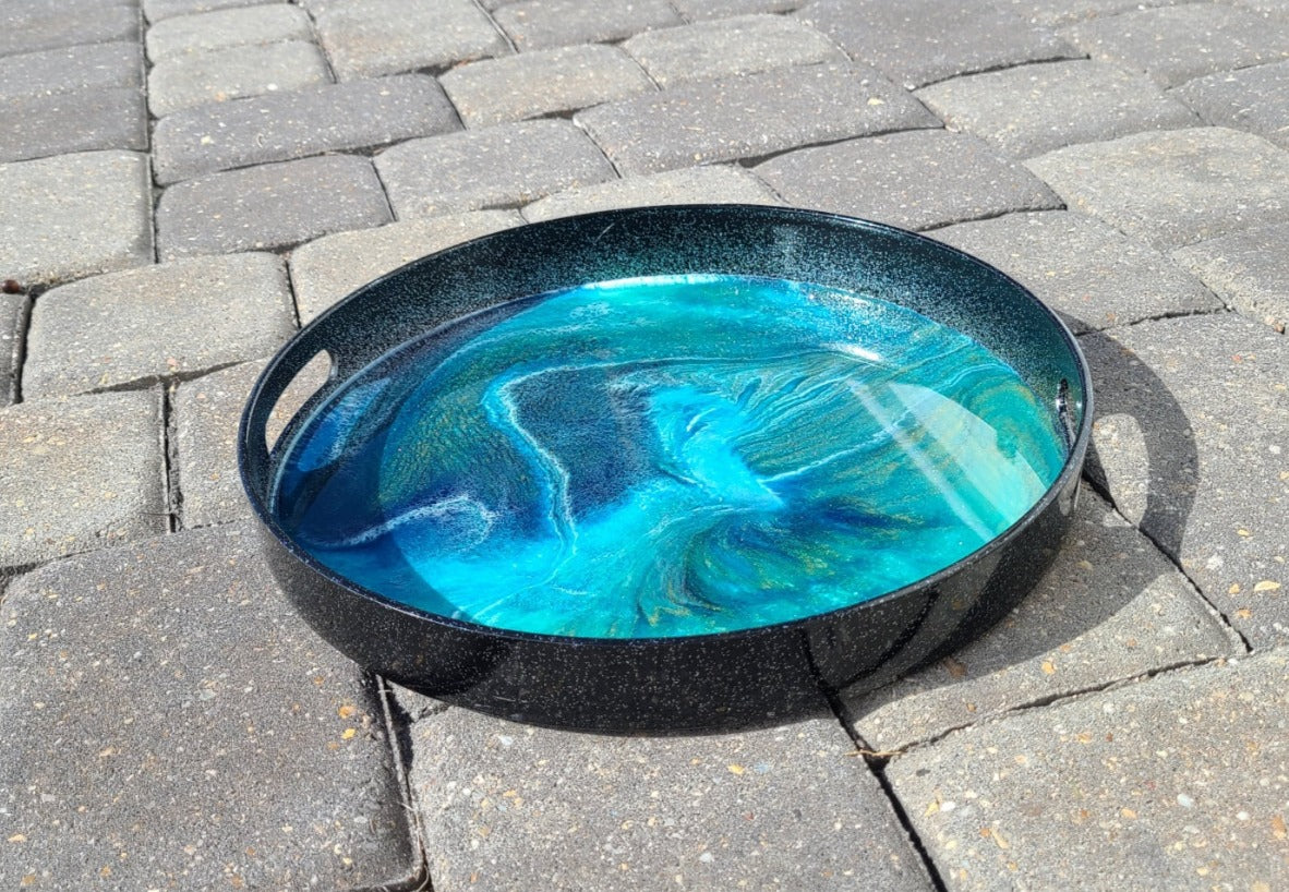 Black Sparkling Serving Tray, Blue, Gold and Green Resin