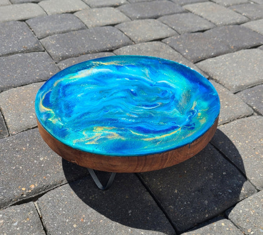 Display Stand or Trivet, Metal Legs, Blue and Gold Swirling Waters