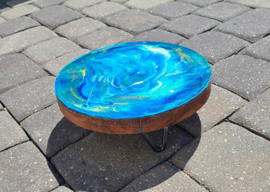 Display Stand or Trivet, Metal Legs, Blue and Gold Swirling Waters