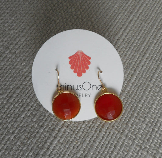 Beautiful red carnelian earrings.  Stones are round and a reddish orange color.  They are set in 14kt Gold Fill.  Hooks are 14kt Gold Fill as well.  Overall length is approximate 1 inch.  They are hypoallergenic, lead free and nickel free. Lightweight.