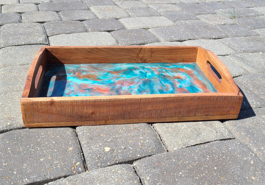 Wood Tray With Handles, Copper and Teal Resin Swirls