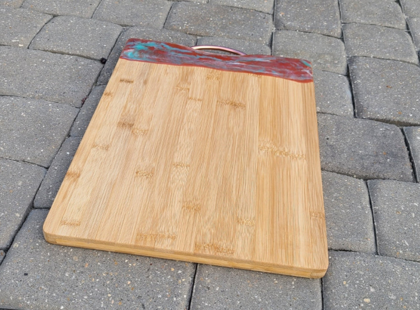 Bamboo Cutting Board With Copper Handle, Copper, Teal Resin
