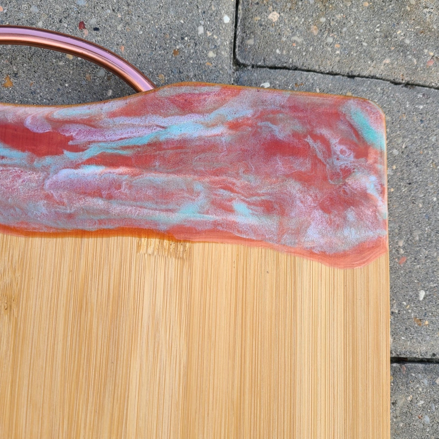Bamboo Cutting Board With Copper Handle, Copper, Teal Resin