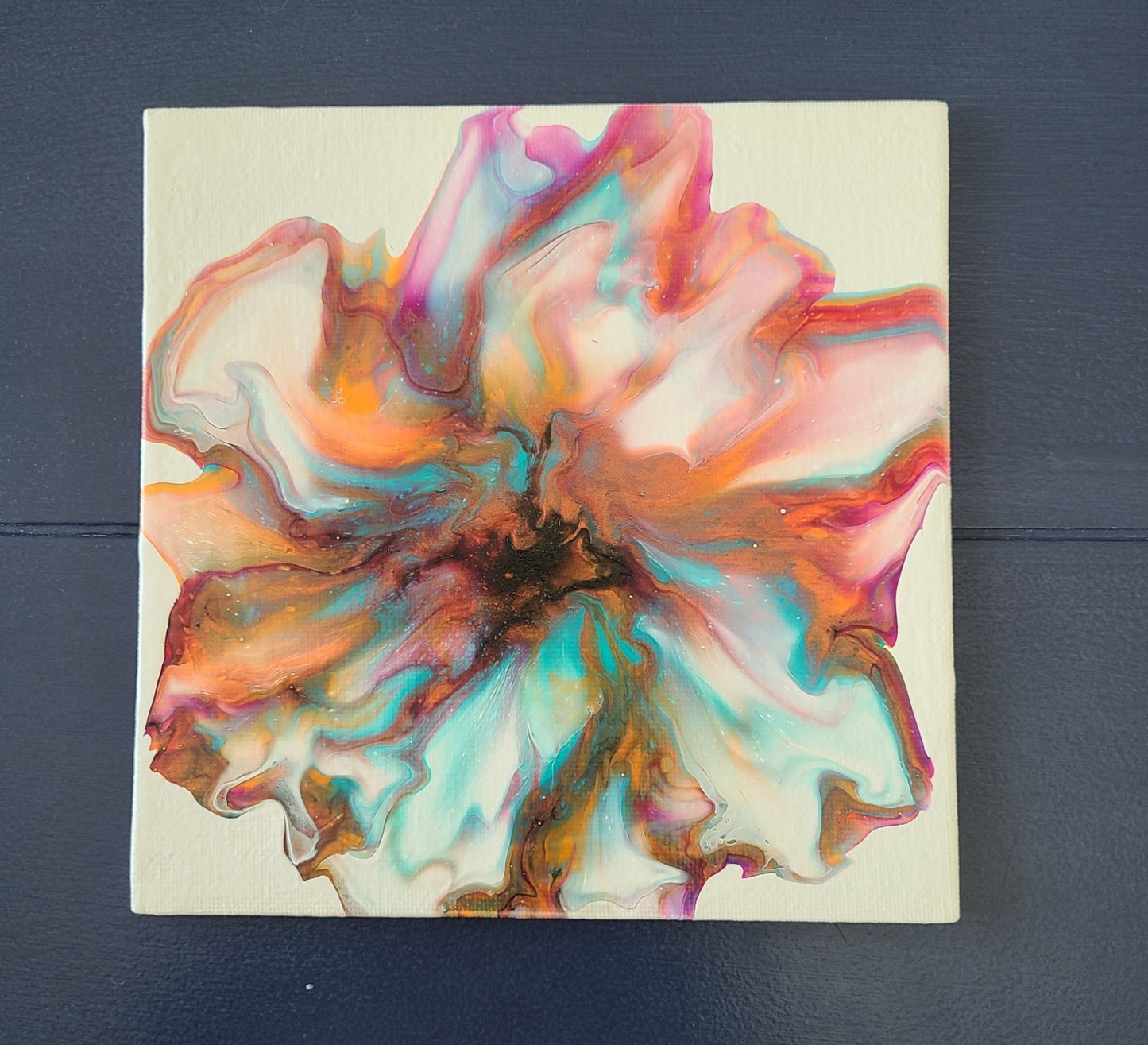 Coppery Bloom, 6x6 Acrylic Painting on Artist Panel, Easel