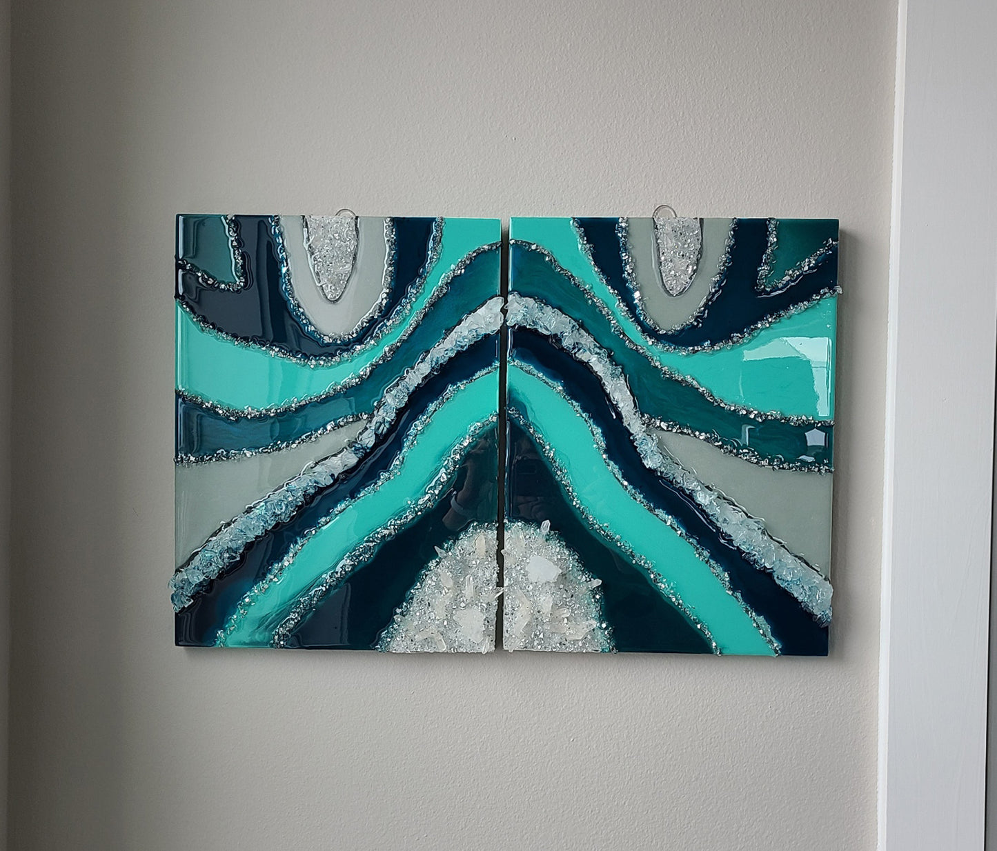 Double Geode Resin and Crystal Art, 2 Canvas Piece, Teals, Green, Turquoise