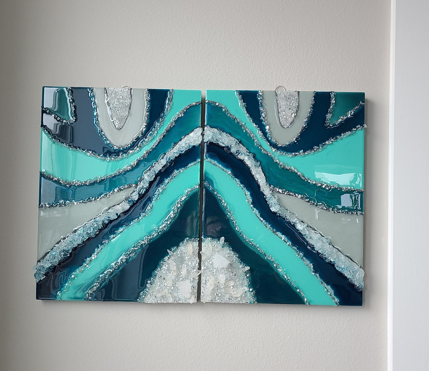 Double Geode Resin and Crystal Art, 2 Canvas Piece, Teals, Green, Turquoise