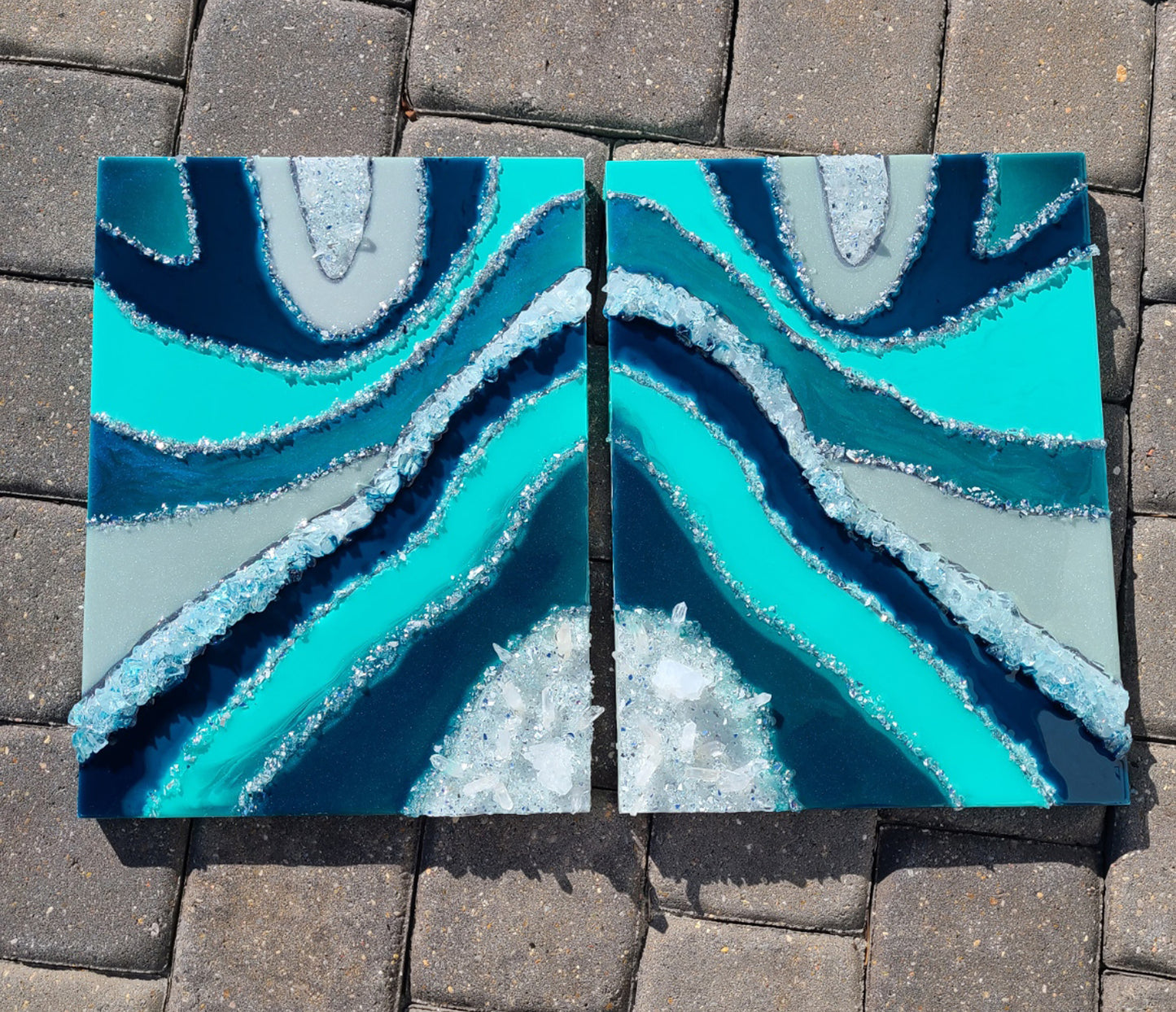 Double Geode Resin and Crystal Art, 2 Canvas Piece, Teals, Green, Turquoise