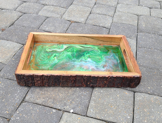 Emerald Waters Wood and Resin Tray, Natural Bark