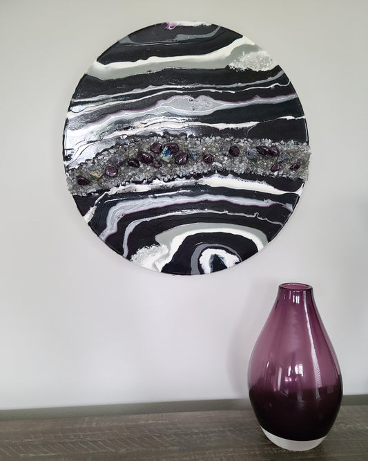 Resin Geode on 18 Inch Round Wood, Purple, Silver, White, Gray