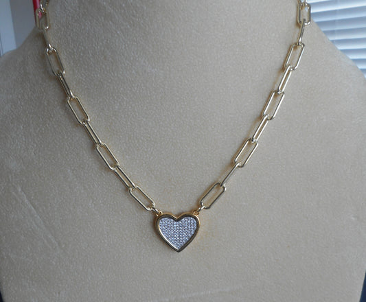 Gold toned link necklace with heart.  Pave' CZs.  18 inches plus 2 on extender.