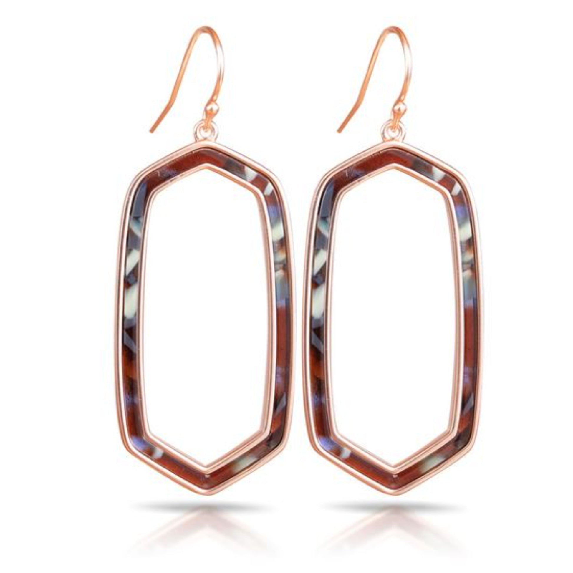 Elevate your look with these Lightweight acetate on metal plated with Rose Gold. Beautiful statement that won't weigh you down. Overall length is approximately 2 inches long Handmade Multi-Color so no two are the same.  
