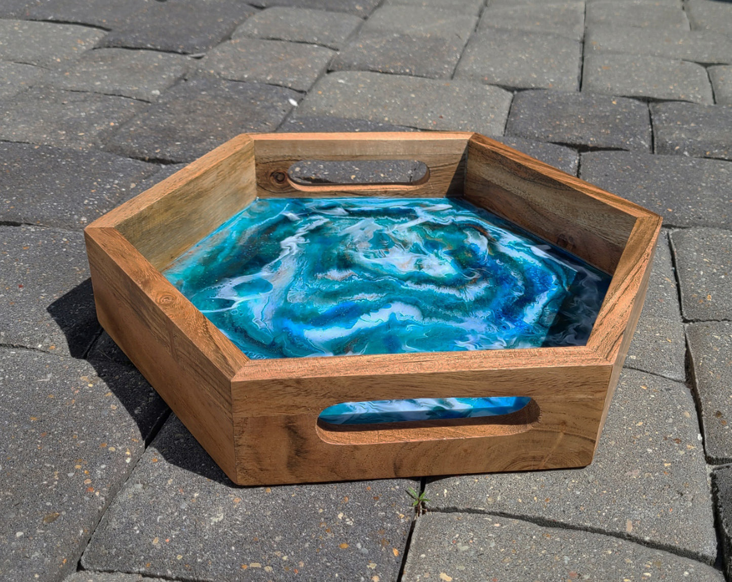 Wood Hexagon Shaped Serving Tray, Turquoise, Teal, Bronze