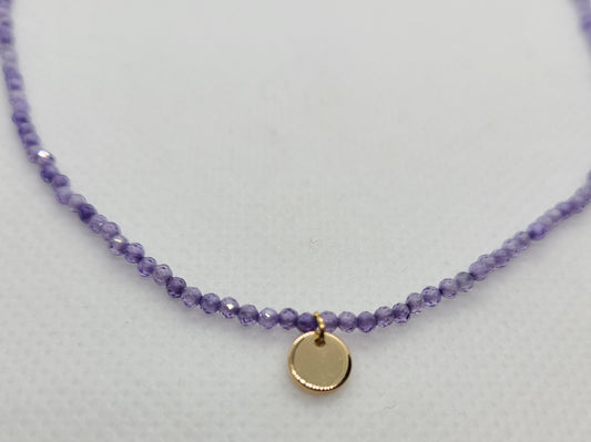 Faceted Purple Crystal Bead Necklace, Gold Tone Disc