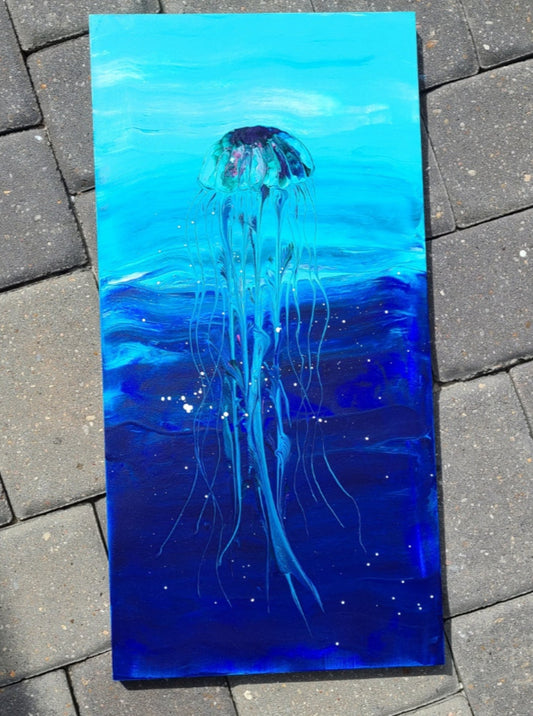 This is jellyfish is rising from the depths of the deep blue sea.  Vibrant blues provide a colorful background for this striking jellyfish.  Painted on wood cradle board, so no sagging over the years.  24 x 12 inches  Lightweight and easy to hang  If you would like it signed on the back, leave a message with the order.