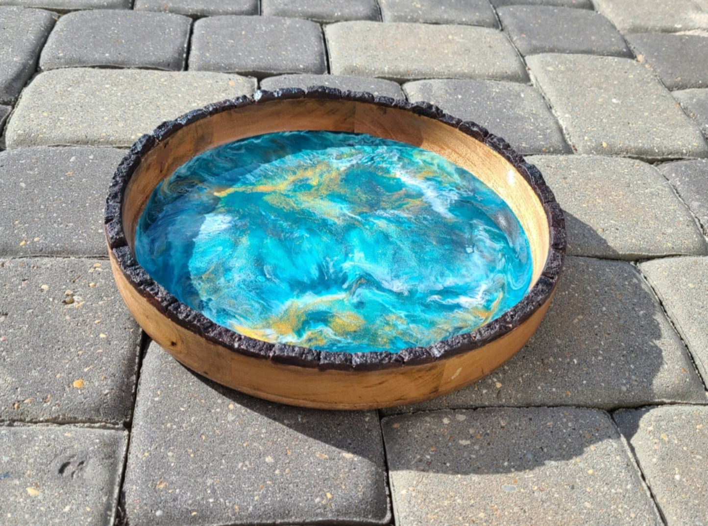 Medium Round Wood Tray With Bark, Turquoise and Gold Resin