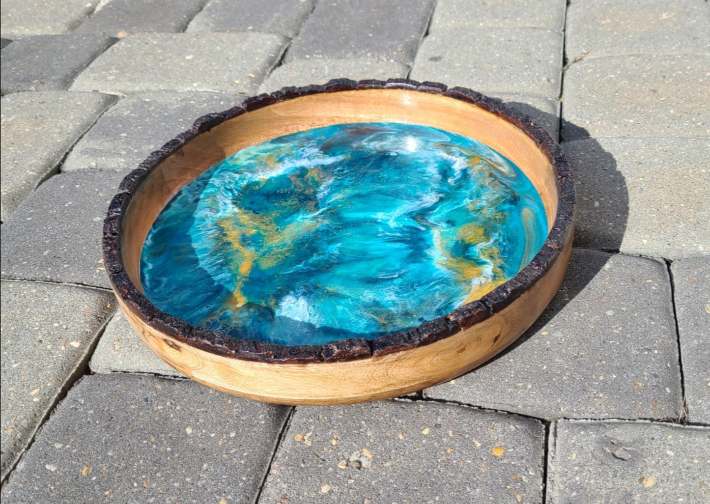 Medium Round Wood Tray With Bark, Turquoise and Gold Resin