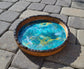 Medium Round Wood Tray With Bark, Turquoise and Gold Resin