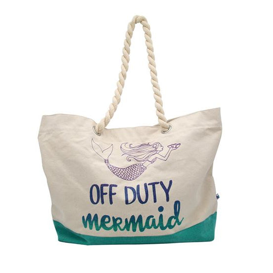 Canvas tote has a green glittery bottom. One side has a mermaid and reads, "Off duty mermaid". the other side is solid. Soft rope handle. 22 x 15