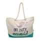 Canvas tote has a green glittery bottom. One side has a mermaid and reads, "Off duty mermaid". the other side is solid. Soft rope handle.  22 x 15