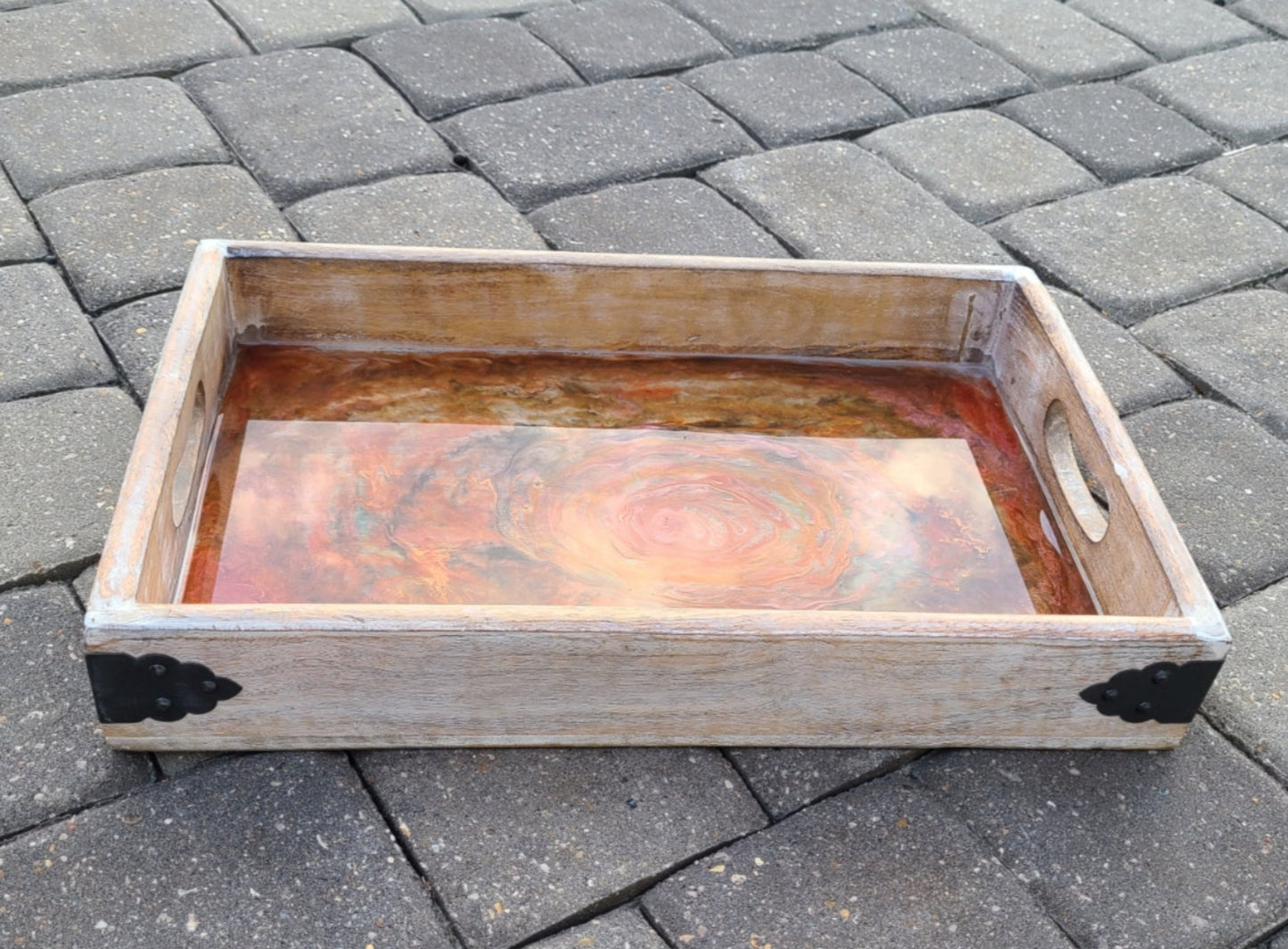 Distressed Wood Tray, Orange, Brown, Gold Resin Design