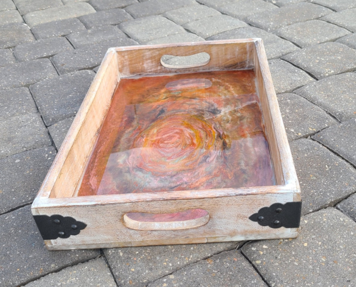 Distressed Wood Tray, Orange, Brown, Gold Resin Design