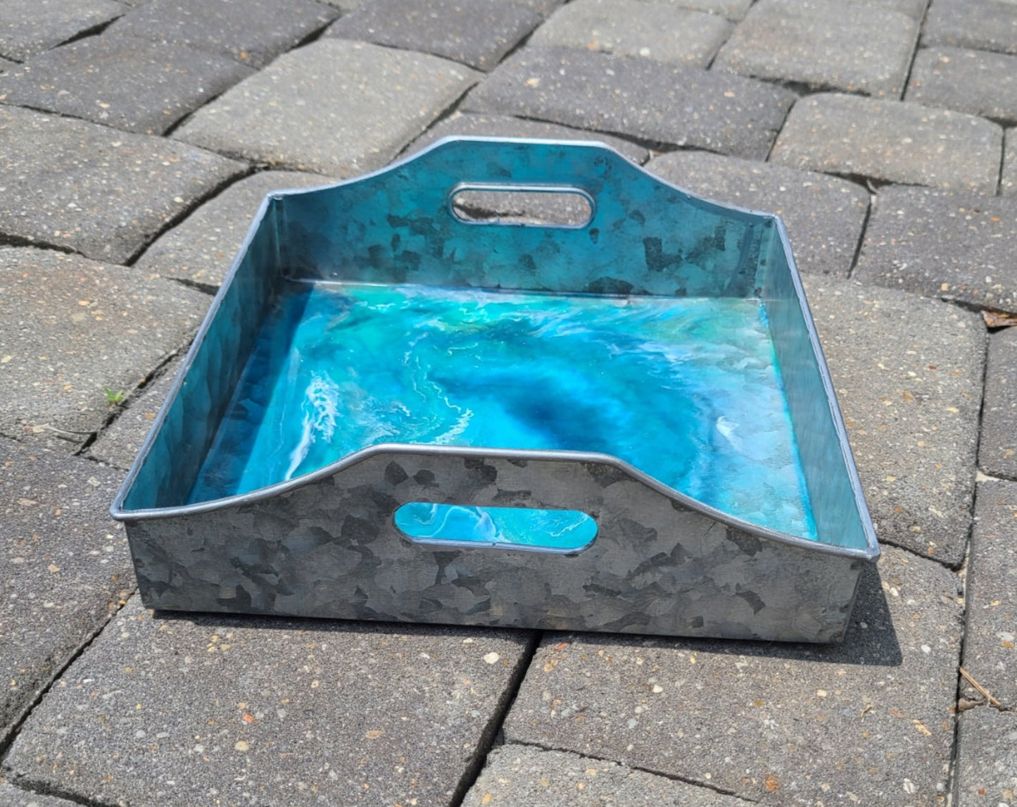 Lightweight Metal Tray With Resin, Deep Blue Vortex, Square
