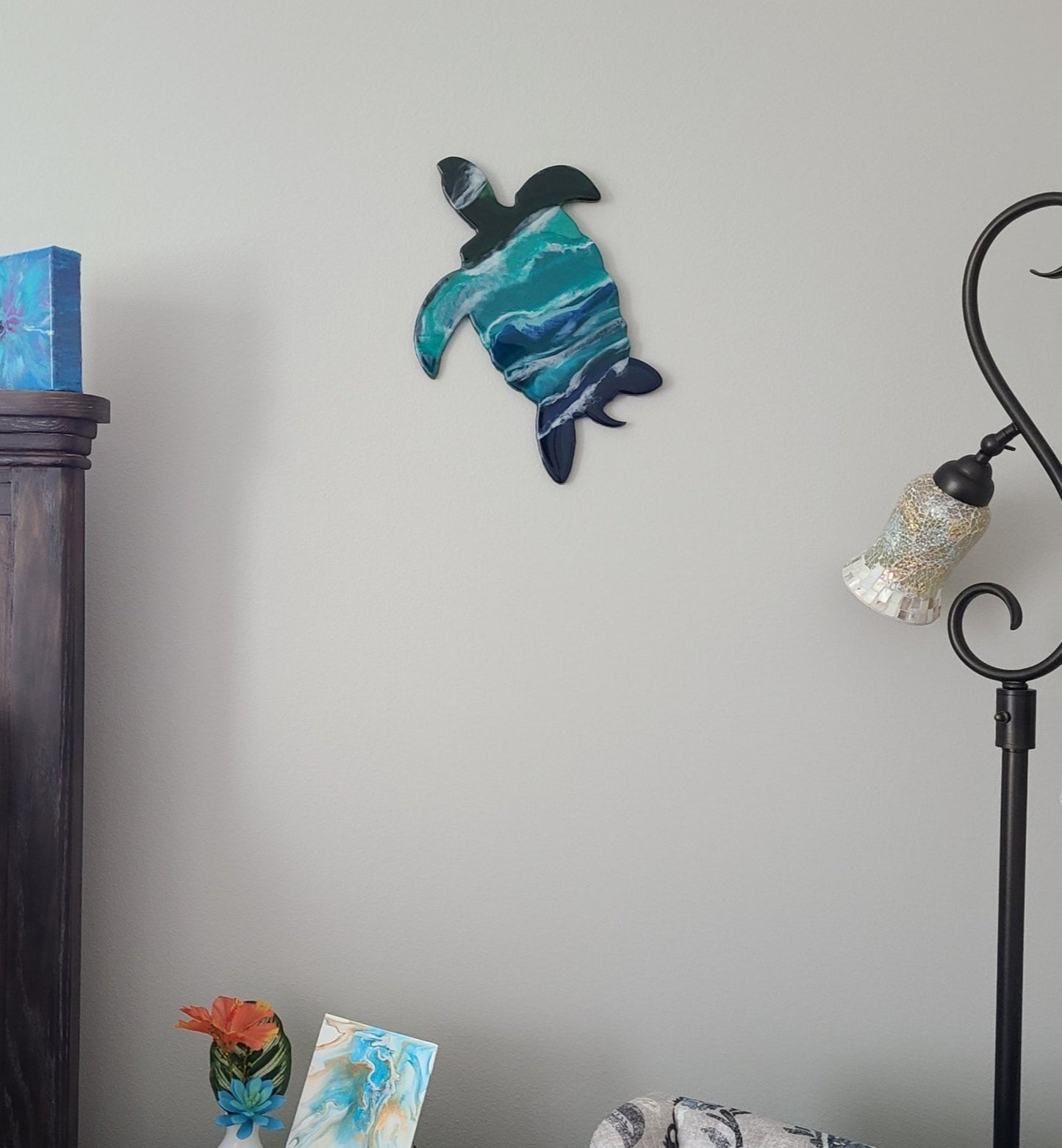 Oceanic Turtle, Turtle Shaped Wall Art With Ocean Waves