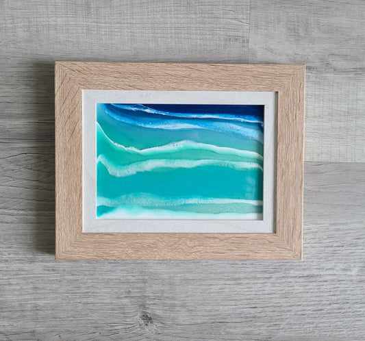 Ocean Theme Scene on Glass, Wood Grain Frame