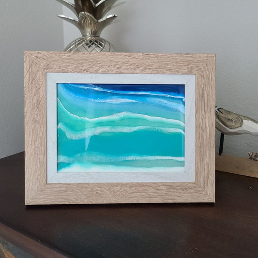 Ocean Theme Scene on Glass, Wood Grain Frame