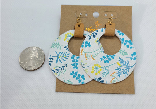 Printed Leather Hoop Earrings-Aqua Floral