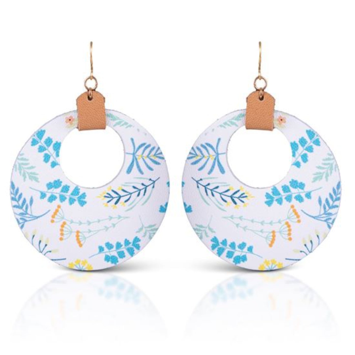 Light as a feather and pretty as Spring. You'll love the statement these lightweight leather earrings make. Surgical Steel With 18K Gold Plating. Rubber stoppers to keep them secure. White with blue, turquoise and yellow floral design. Overall approximate size: 2.75 inches long; 2 inches wide