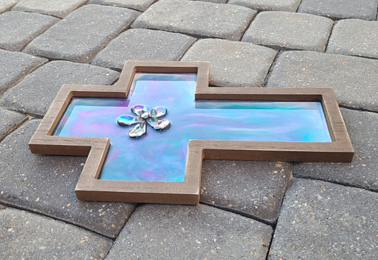 Wood Cross With Sparkling Colors of Resin Wall Art, Purple, Magenta, Teal