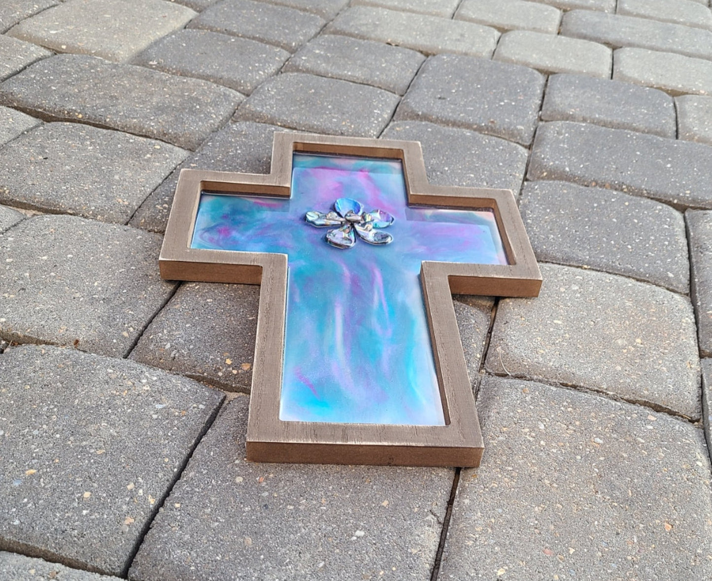 Wood Cross With Sparkling Colors of Resin Wall Art, Purple, Magenta, Teal