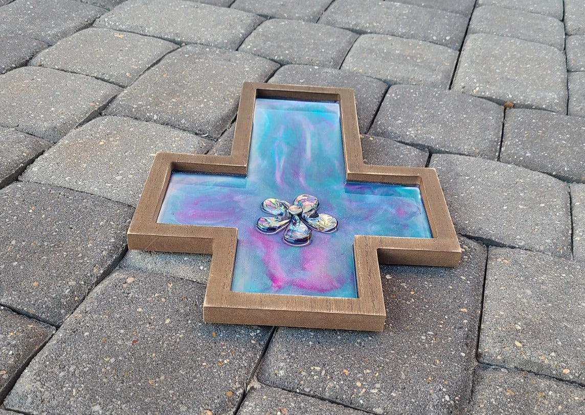 Wood Cross With Sparkling Colors of Resin Wall Art, Purple, Magenta, Teal