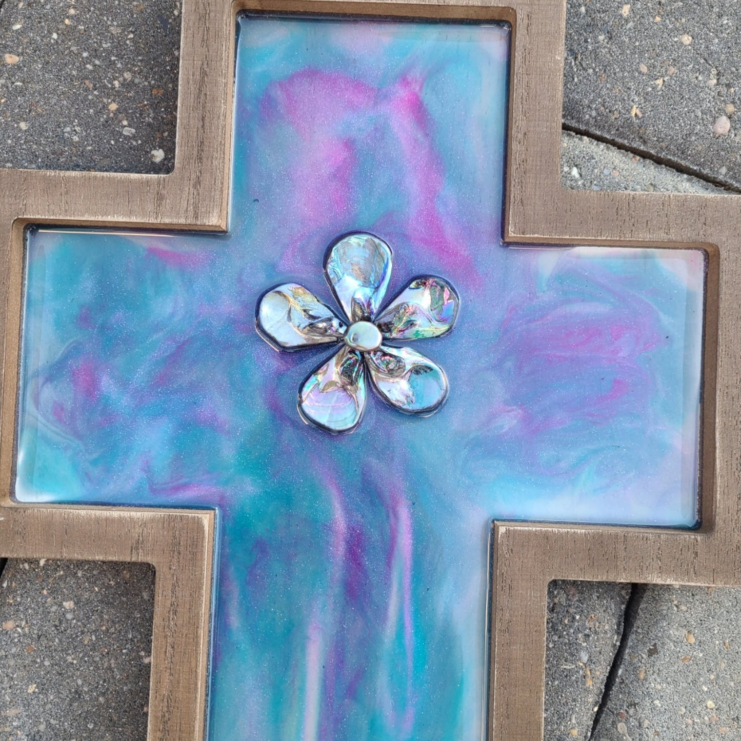 Wood Cross With Sparkling Colors of Resin Wall Art, Purple, Magenta, Teal