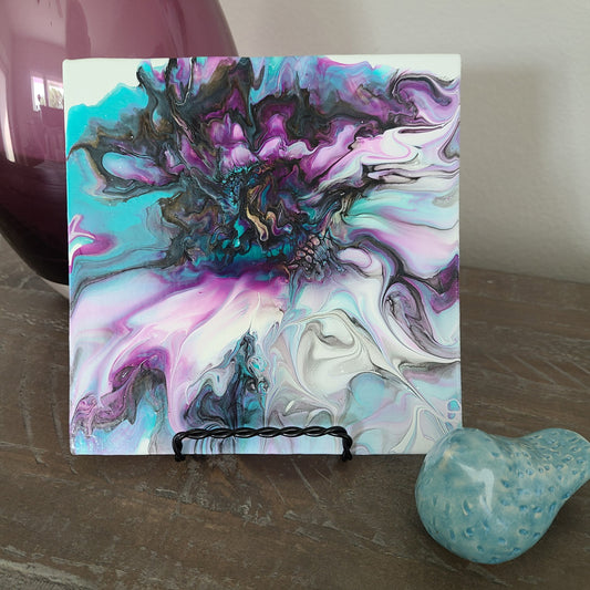 Purple and Turquoise Frilly Bloom, 6x6 Art Panel With Easel