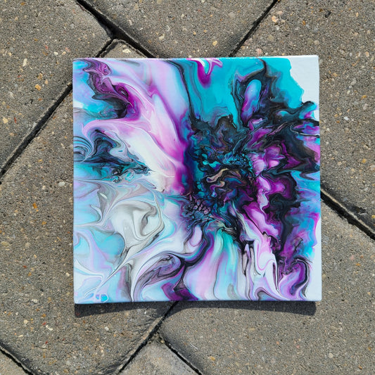 Purple and Turquoise Frilly Bloom, 6x6 Art Panel With Easel